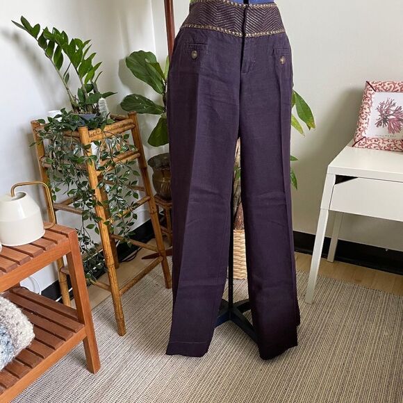 Idra Anthropologie Linen Plum Wide Leg Flare Low Rise Trousers Pants 4 32 - Picture 1 of 7